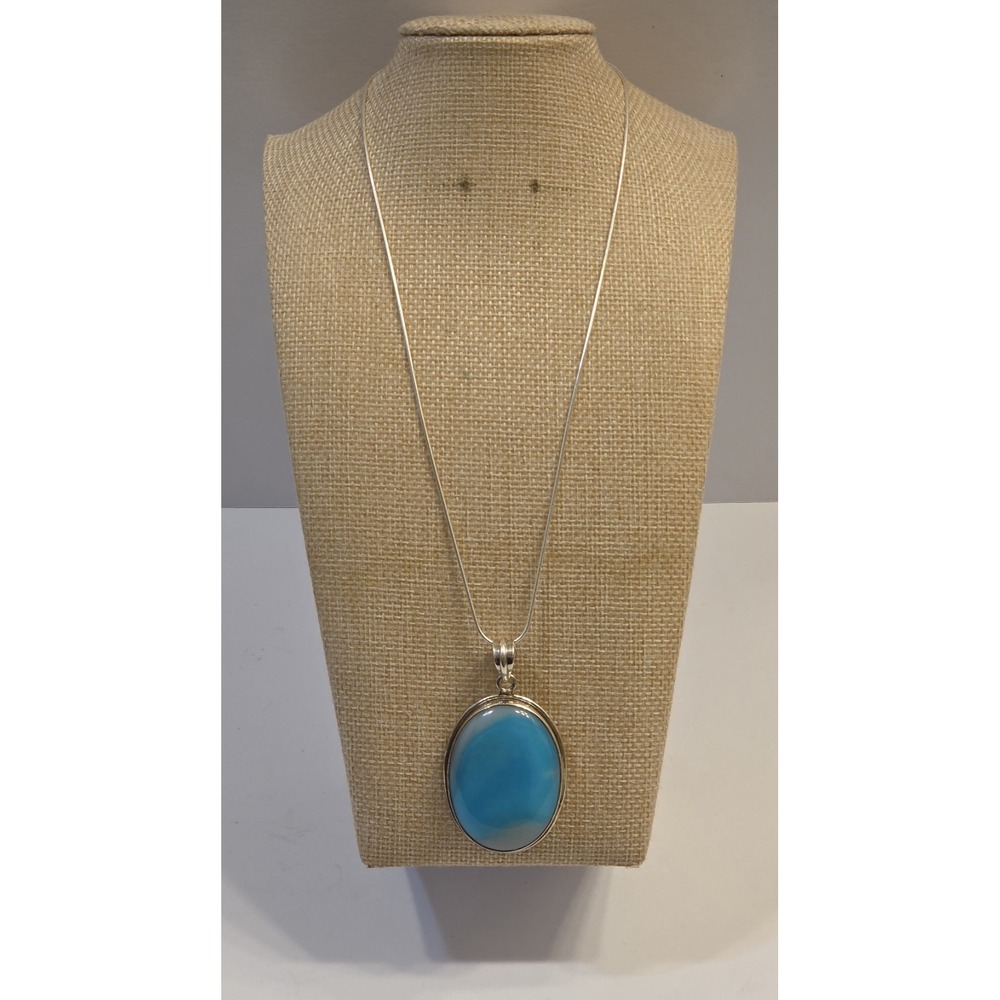Large Larimar CabochonSterling Silver Pendant Sterling Snake Braid 18" Chain - Picture 1 of 7